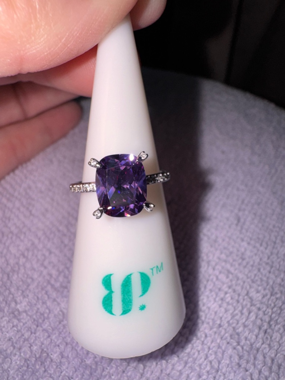 bp Purple Cushion-Cut Gemstone Ring with Pavé Accents